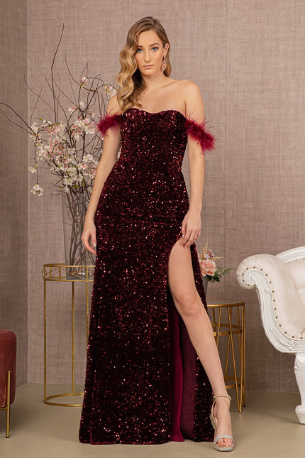 Feather Sequin Velvet Mermaid Dress w/ Velvet Side Waist Layer-Nightgown-Tux-USA-L-Wine-Urbanheer