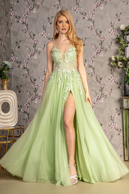 3-D Flower Glitter Sheer Bodice Mesh A-line Long Dress w/ Side Slit-Nightgown-Tux-USA-XL-Light Green-Urbanheer