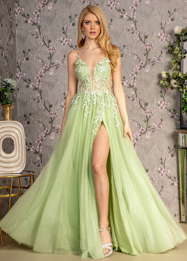 3-D Flower Glitter Sheer Bodice Mesh A-line Long Dress w/ Side Slit-Nightgown-Tux-USA-XL-Light Green-Urbanheer