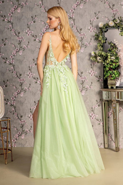 3-D Flower Glitter Sheer Bodice Mesh A-line Long Dress w/ Side Slit-Nightgown-Tux-USA-Urbanheer