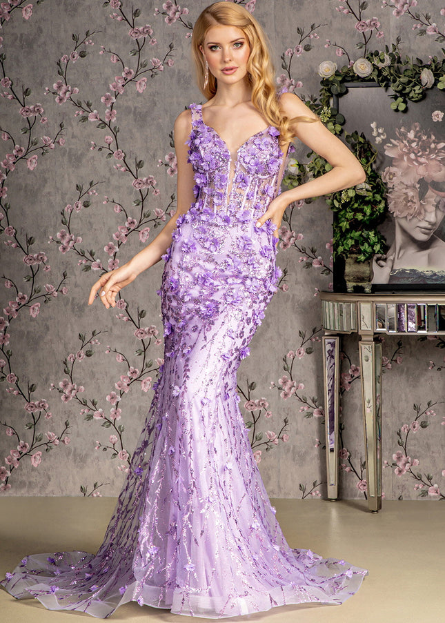 Jewel Glitter Sheer Bodice Mesh Mermaid Long Dress-Nightgown-Tux-USA-3XL-Lilac-Urbanheer