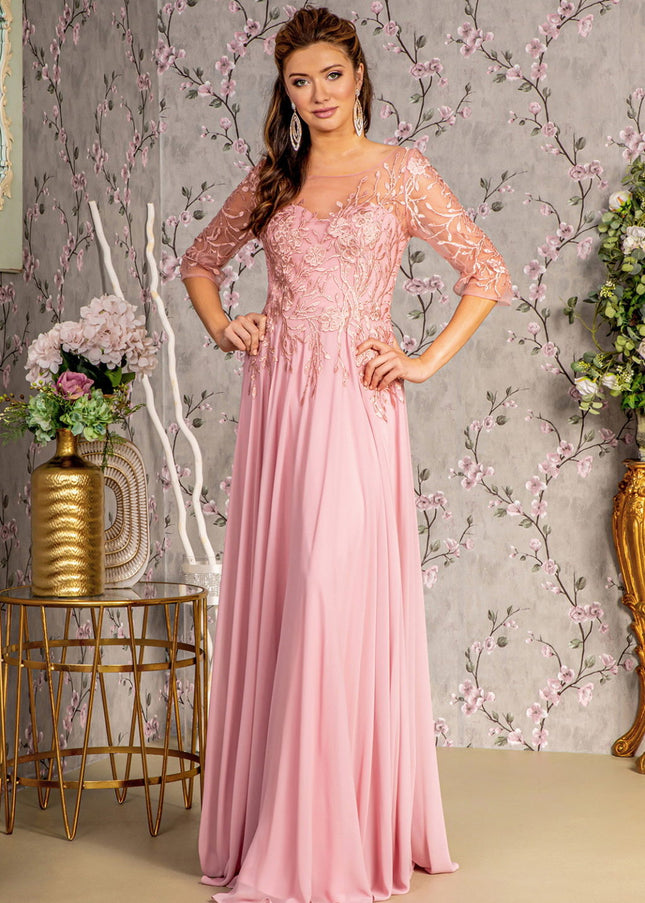 Bead Embroidery Sheer Neckline V-back Chiffon A-line Long Dress-Mob-Tux-USA-L-Dusty Rose-Urbanheer