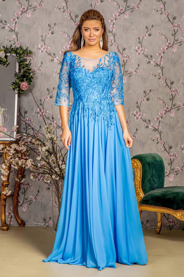 Bead Embroidery Sheer Neckline V-back Chiffon A-line Long Dress-Mob-Tux-USA-L-Perry Blue-Urbanheer