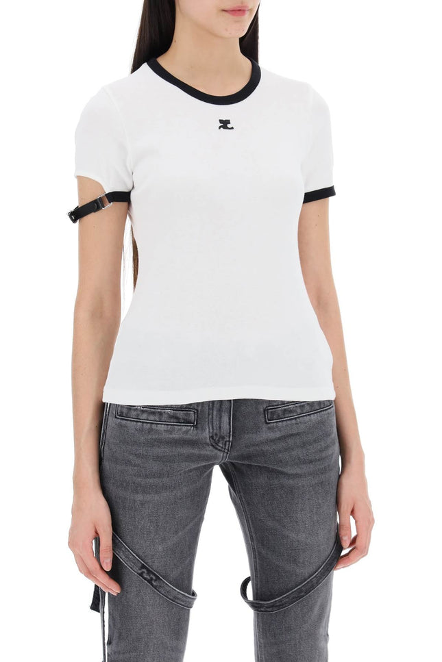 Leather Strap T-Shirt With Sleeve Detail.