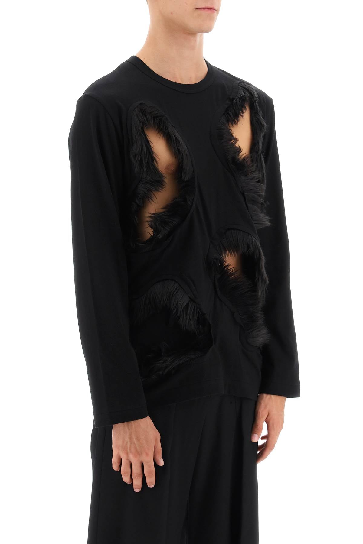 Long-Sleeved T-Shirt With Faux Fur-Trimmed Cut-Outs