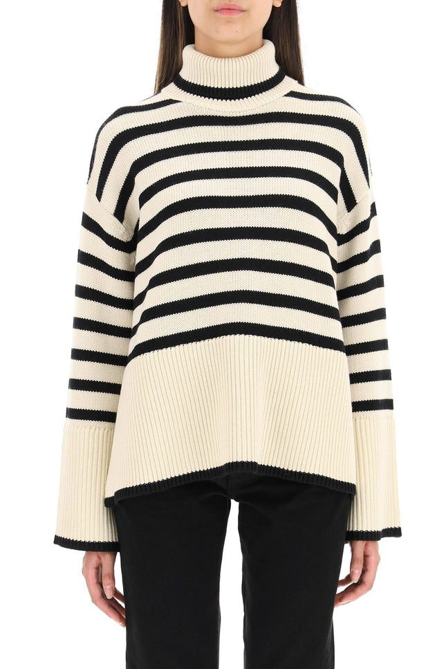 Striped Wool Cotton Turtleneck - Beige