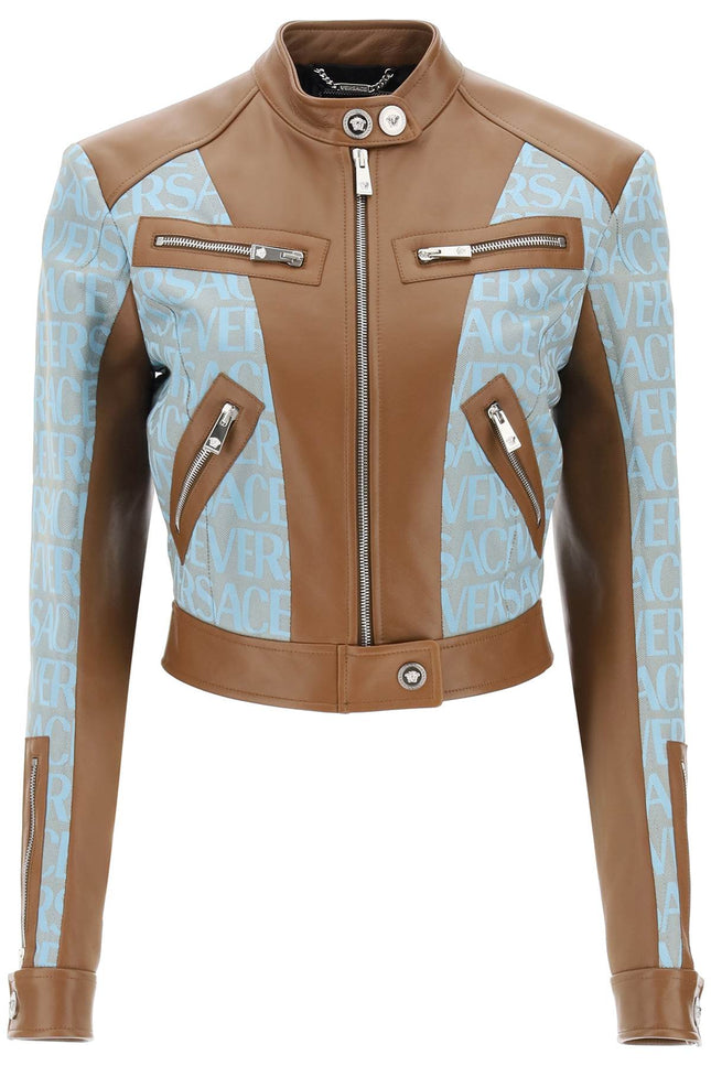 'versace allover' lamb leather biker jacket - Brown