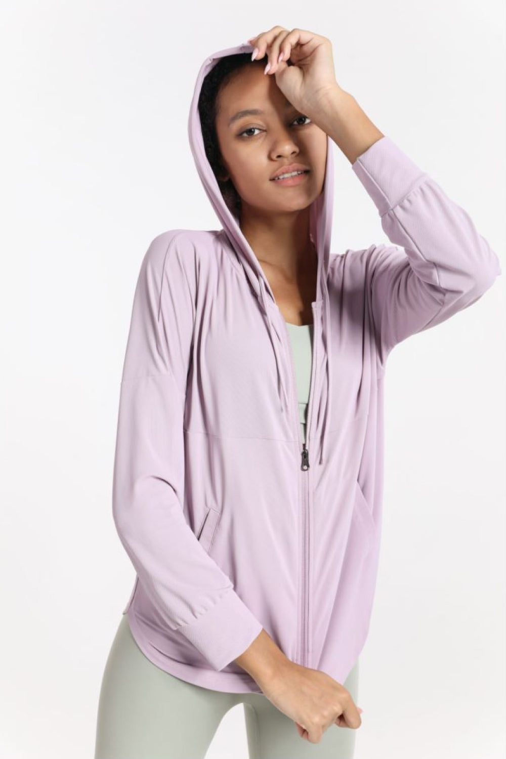 Curved Hem Drawstring Hooded Sports Jacket-UHX-Lilac-S-Urbanheer