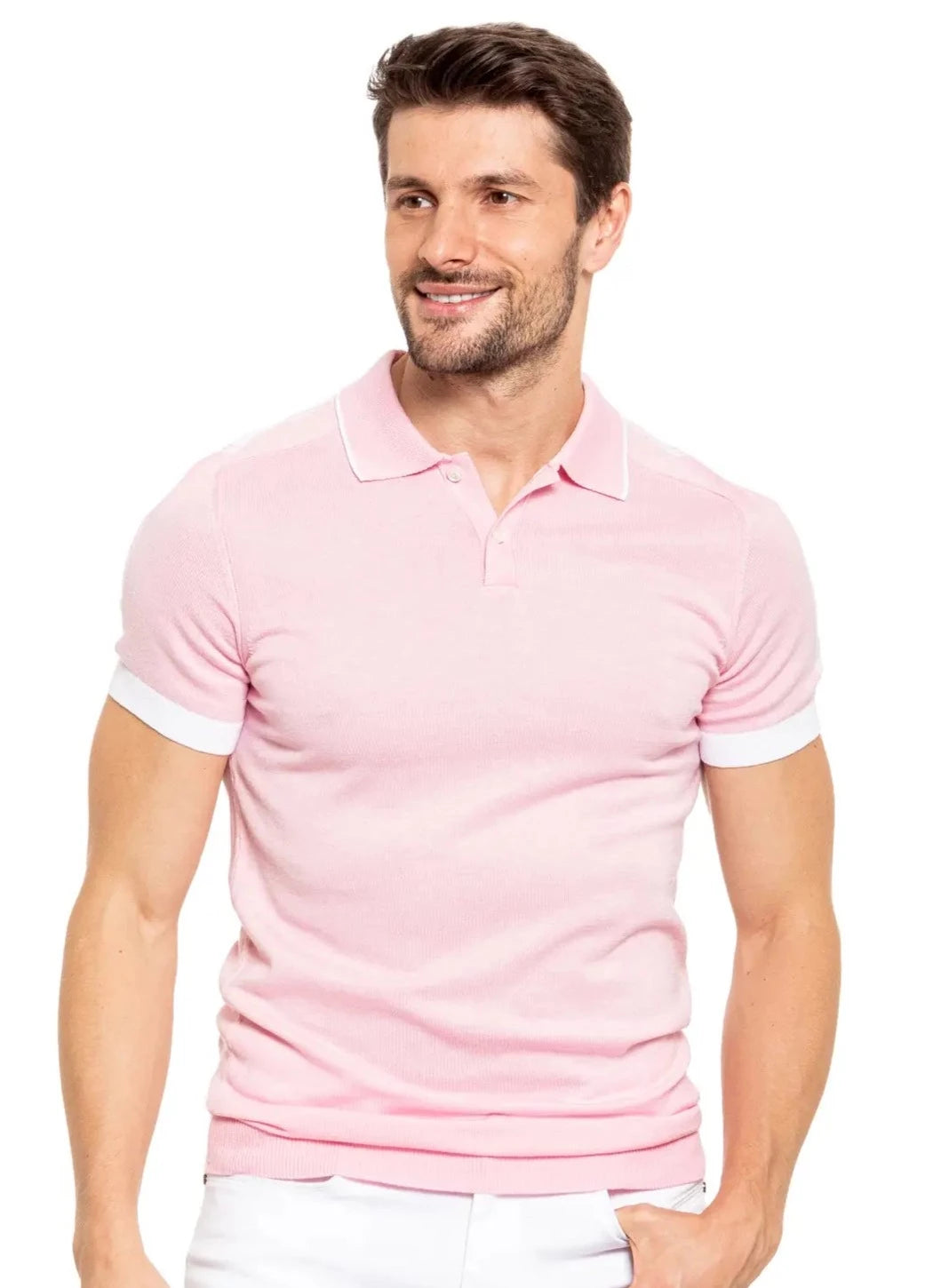 Knit Polo W/ Shoulder Design - Pink-Clothing - Men-Eight X-Urbanheer