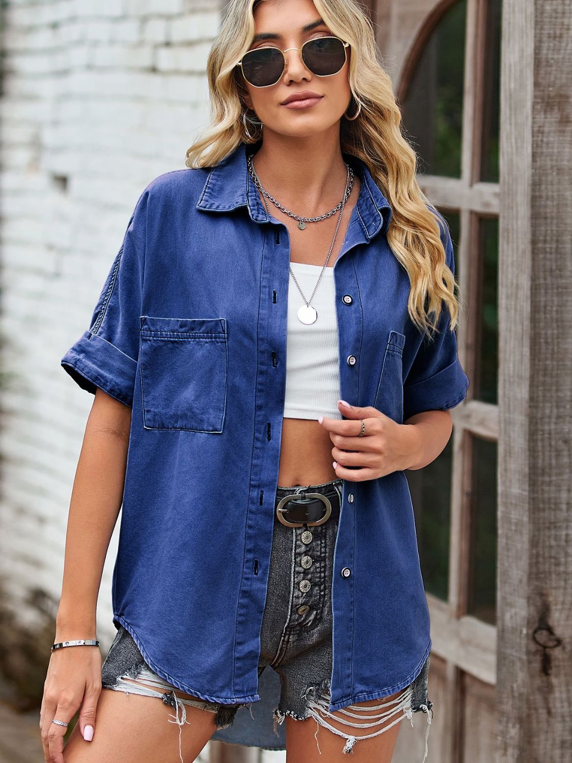 Collared Neck Denim Jacket With Pockets-UHX-Urbanheer