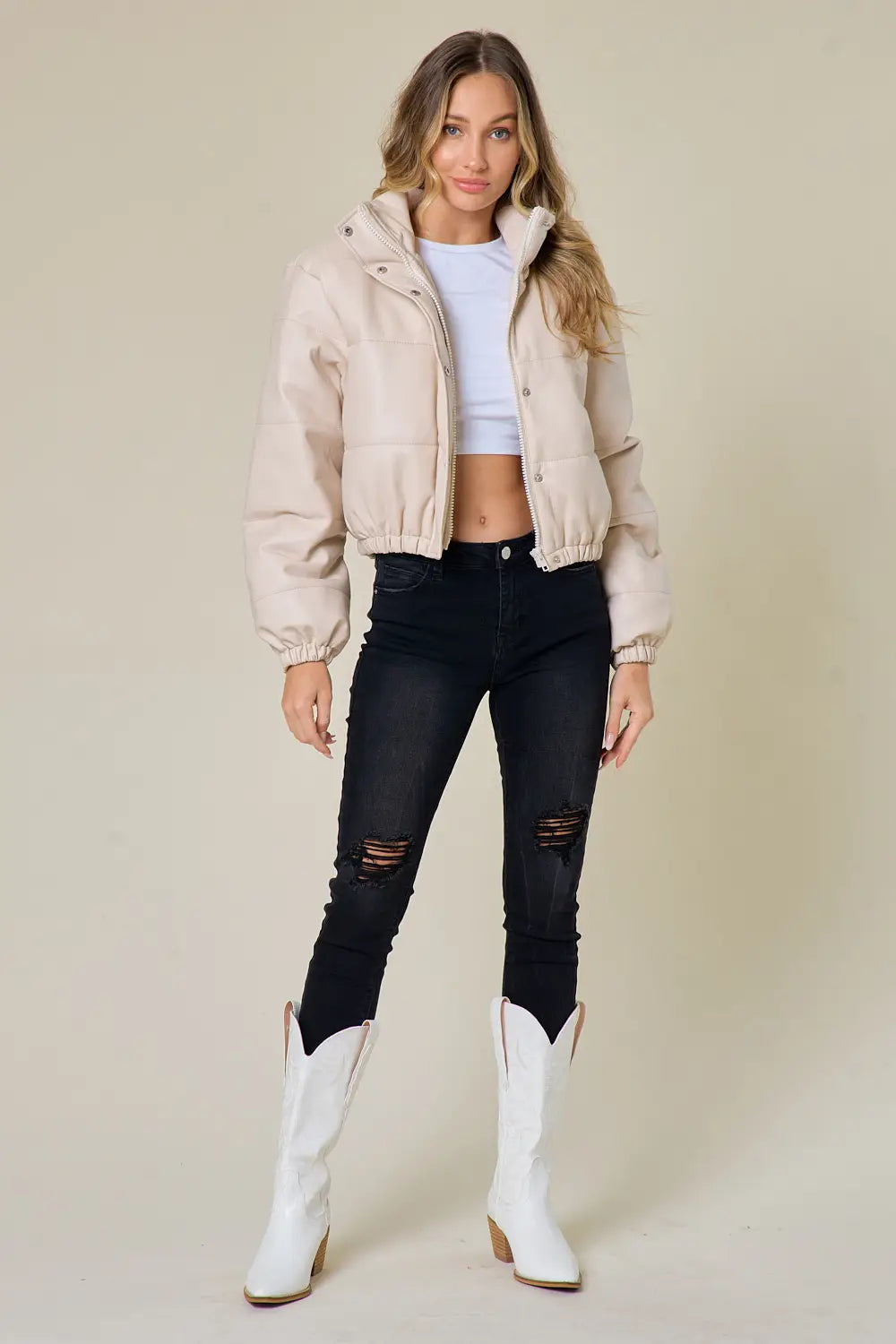 Cream Leather Puffer Jacket-Saints & Hearts-Urbanheer