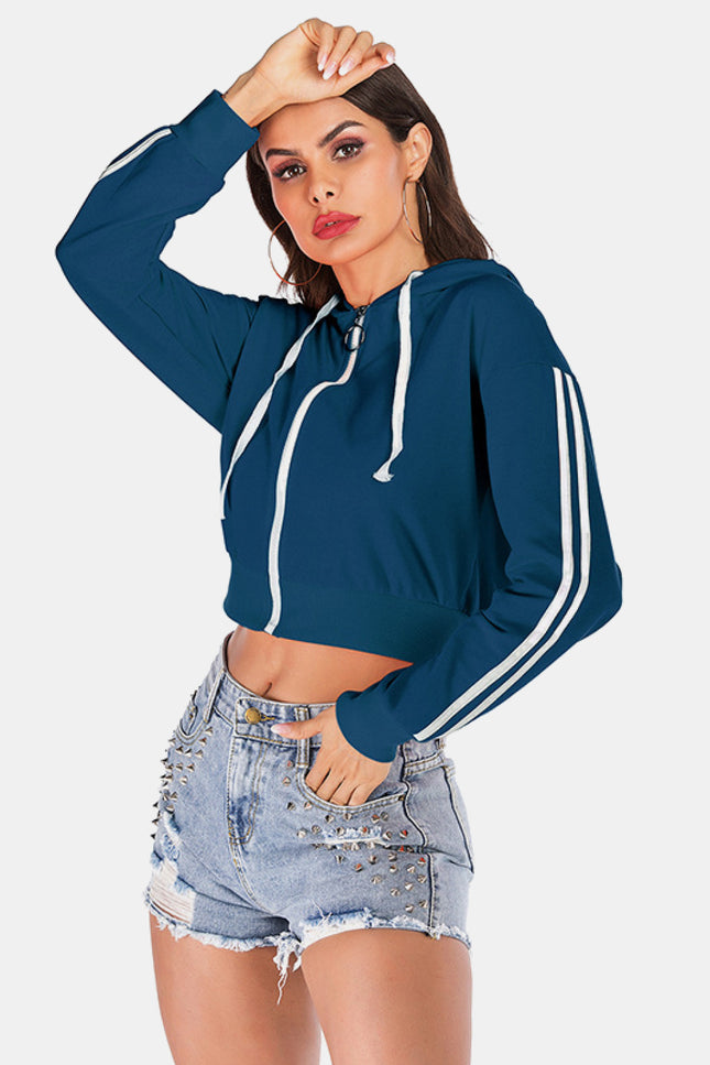 Side Stripe Drawstring Cropped Hooded Jacket-Collab-Urbanheer