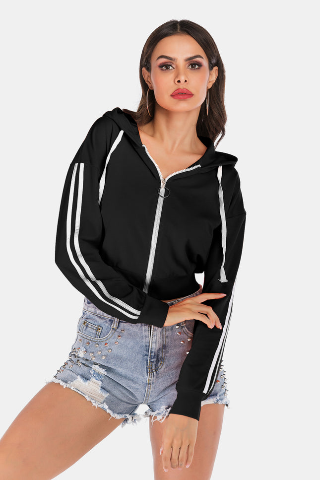 Side Stripe Drawstring Cropped Hooded Jacket-Collab-Urbanheer