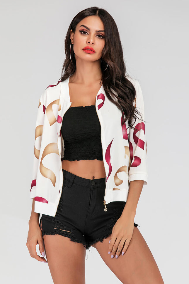 Printed Zip-Up Three-Quarter Sleeve Bomber Jacket-Collab-White-S-Urbanheer