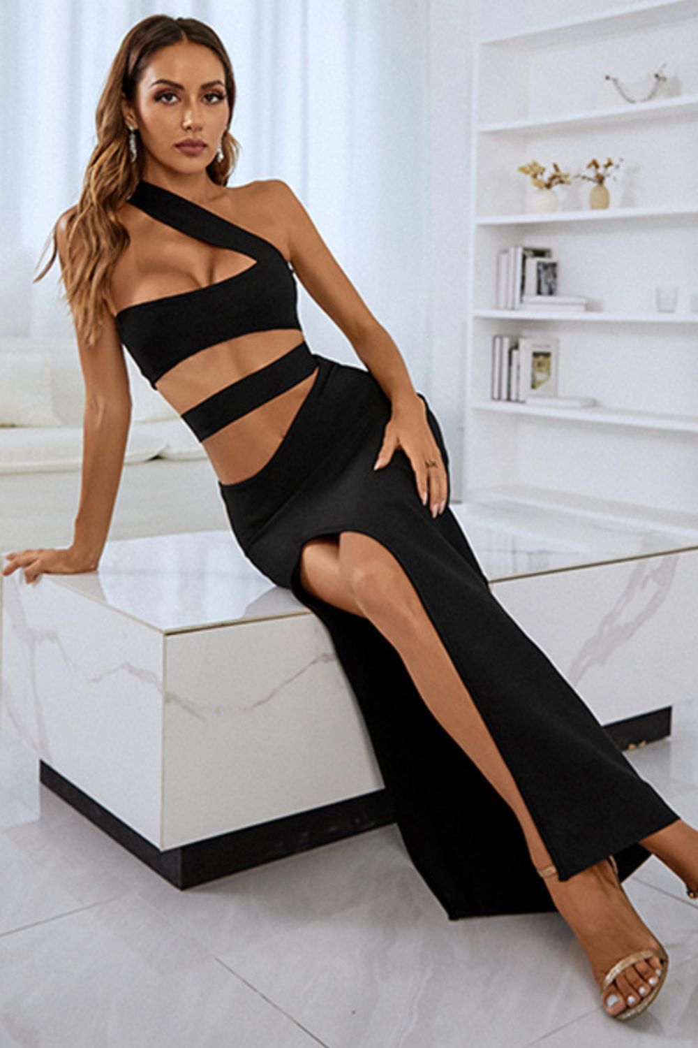 One-Shoulder Cutout Front Split Maxi Dress-UHX-Urbanheer