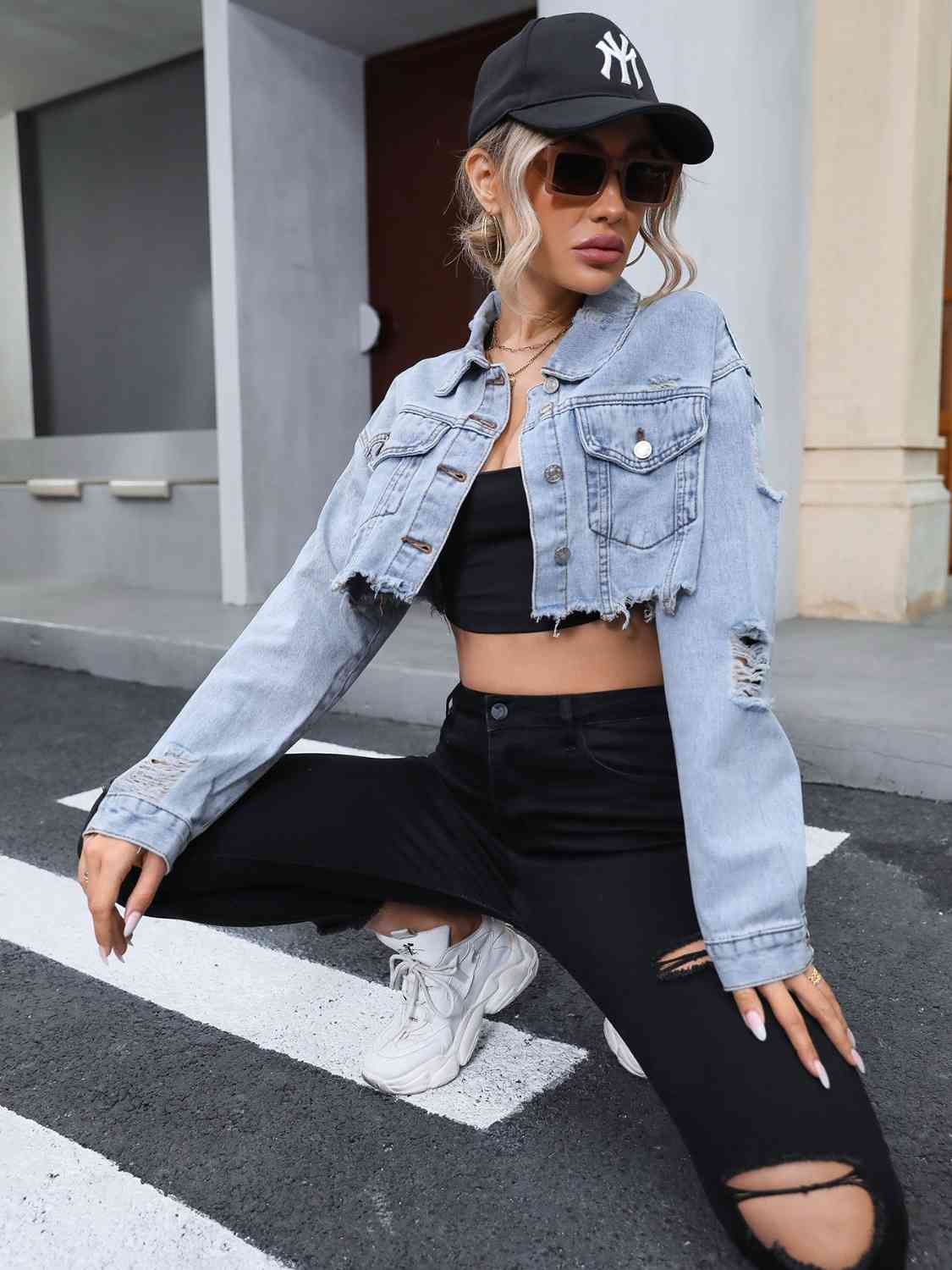 Distressed Raw Hem Cropped Denim Jacket-UHX-Urbanheer