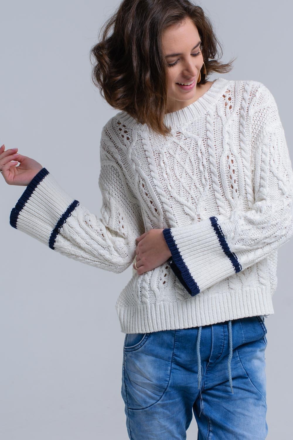 Cream Cable Sweater With Stripe Detail-Q2-Urbanheer