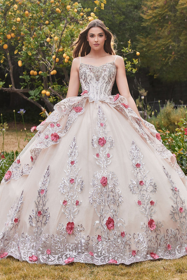 Layered Tulle Quince with foral applique V-neck Laced Open Back Corset Bodice Luxury ball & Prom Dress CD15703-CIND-XS-CHAMPAGNE-Urbanheer