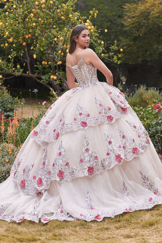 Layered Tulle Quince with foral applique V-neck Laced Open Back Corset Bodice Luxury ball & Prom Dress CD15703-CIND-Urbanheer