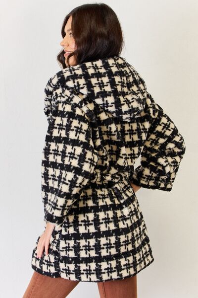 J.Nna Fuzzy Plaid Waist Tie Hooded Robe Cardigan-UHX-Urbanheer