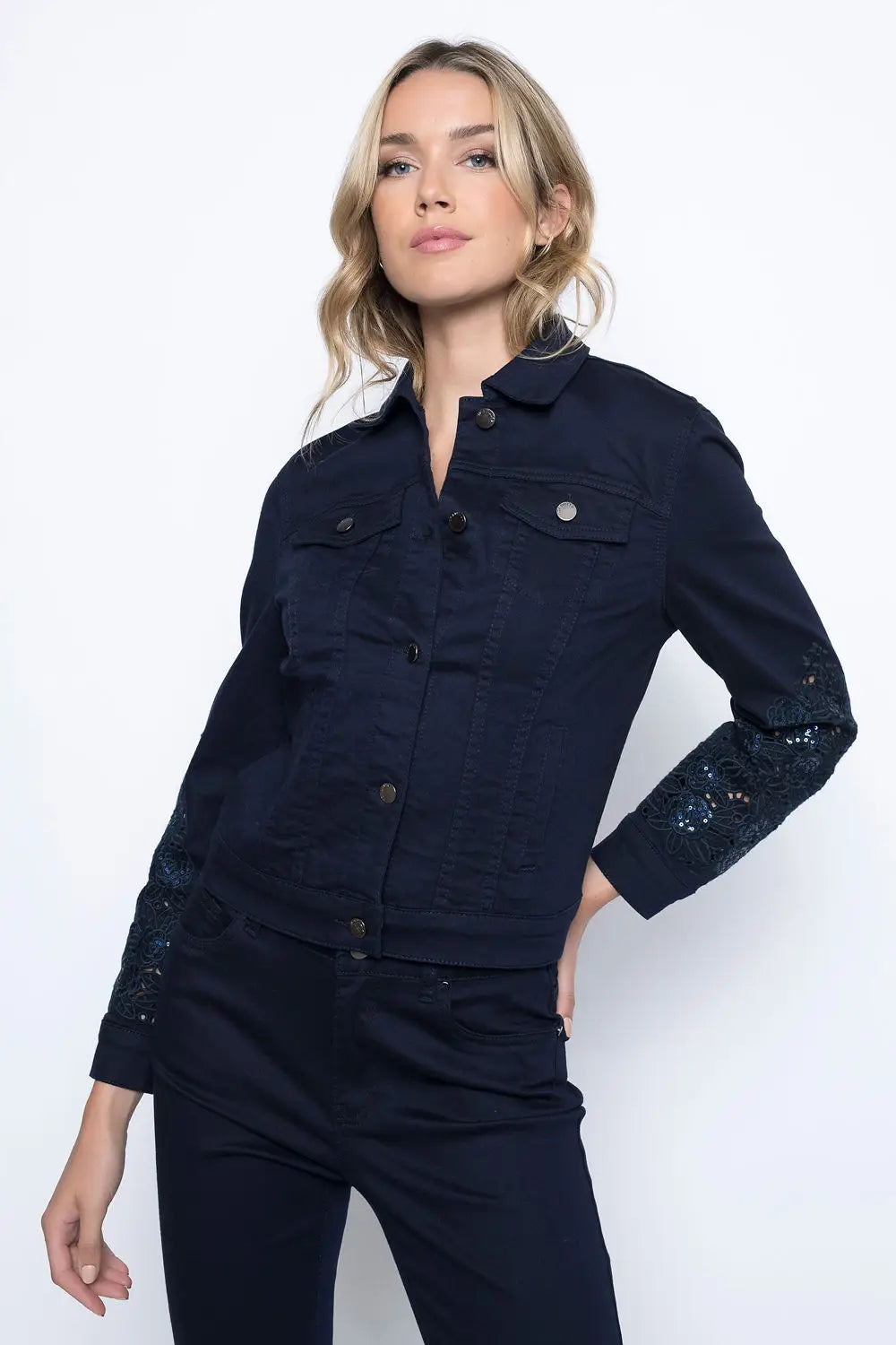 Cutout Embellished Denim Jacket-Picadilly-4-Navy-Urbanheer