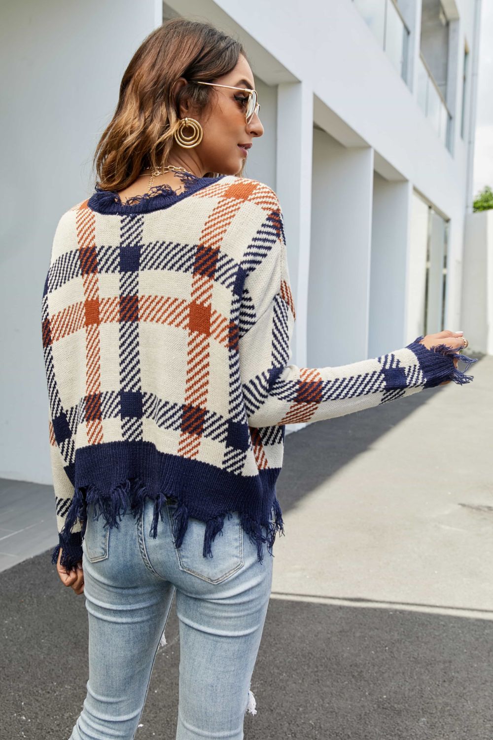 Plaid Distressed Drop Shoulder Sweater-Collab-Urbanheer