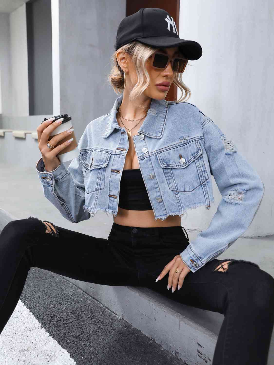 Distressed Raw Hem Cropped Denim Jacket-UHX-Urbanheer