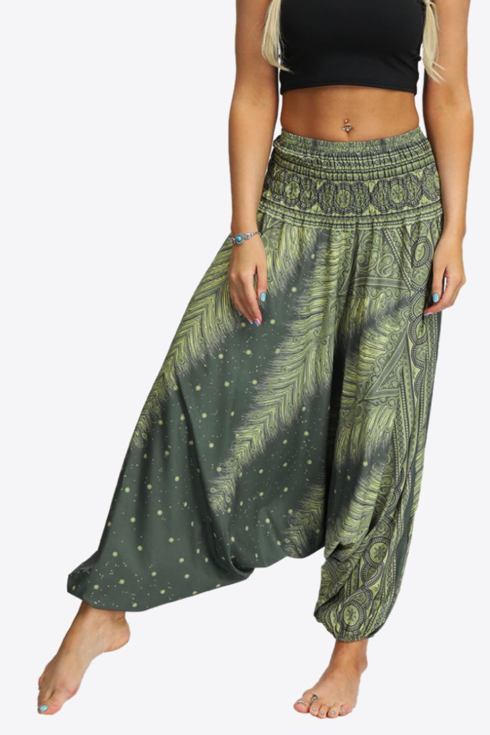 Printed Smocked Waist Harem Pants-UHX-Matcha Green-One Size-Urbanheer