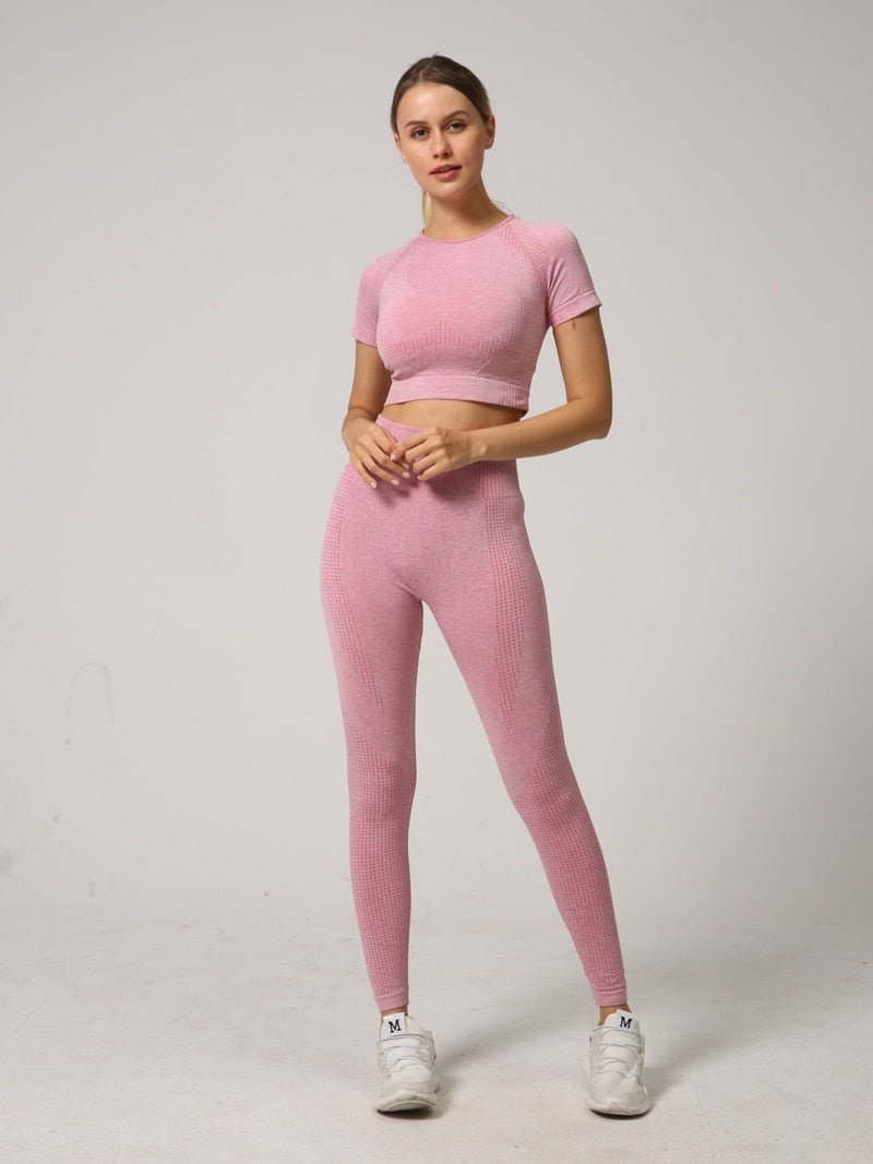 Womens Seamless Pink Yoga Set Short Sleeve Leggings And Top For