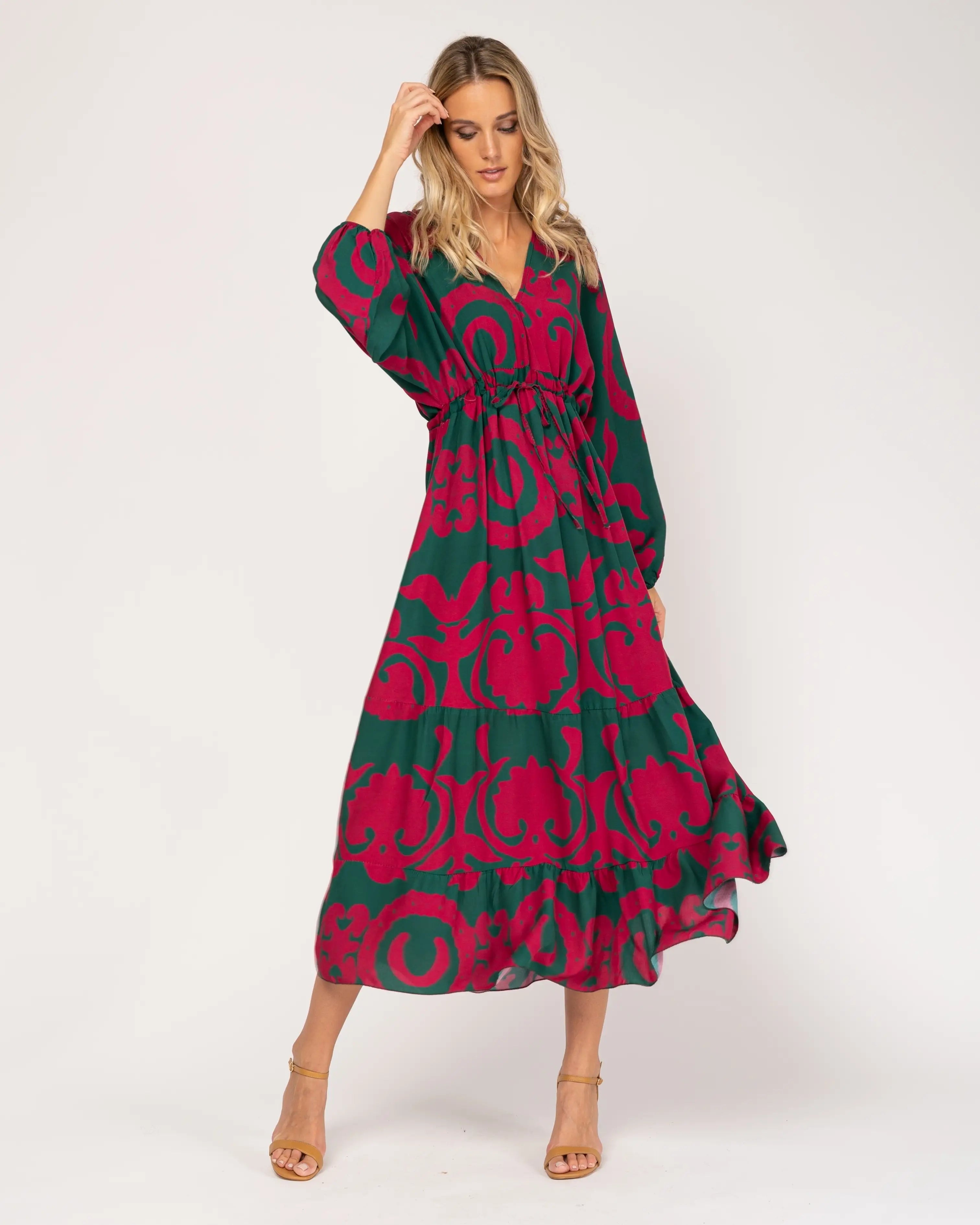 Printed Maxi Dress With V-Neck.-Tantra-Urbanheer