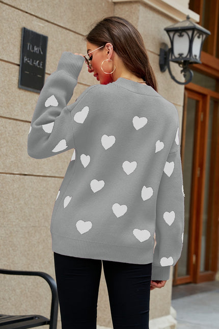 Heart Pattern Lantern Sleeve Round Neck Tunic Sweater-Collab-Urbanheer