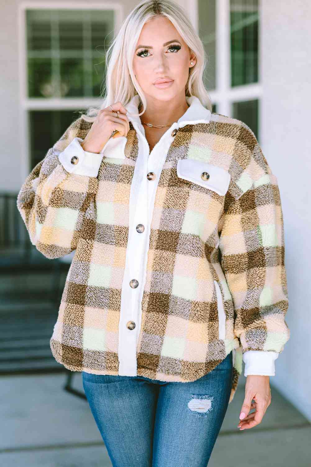 Plaid Collared Neck Button Down Jacket-UHX-Urbanheer