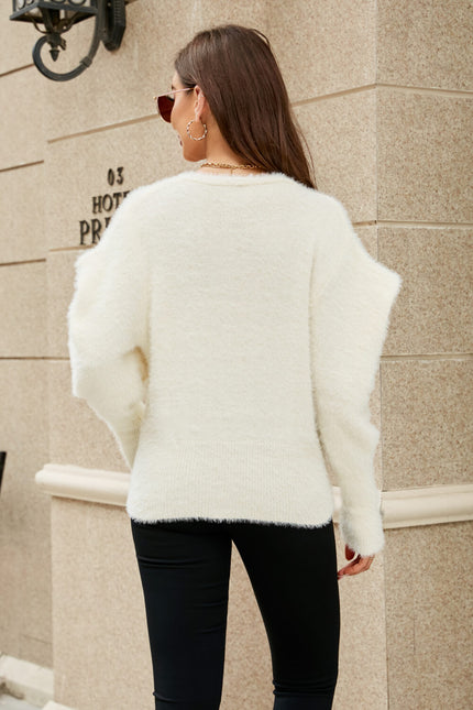 Puff Sleeve V-Neck Fuzzy Cardigan-Collab-Urbanheer