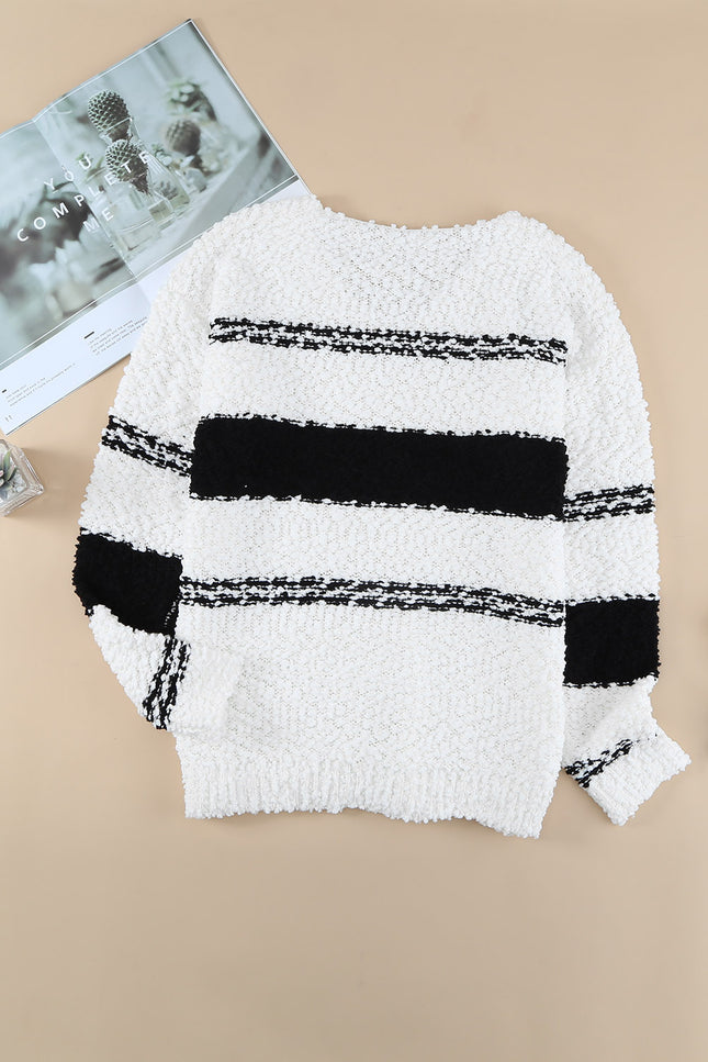 Striped V-Neck Popcorn Knit Sweater-Collab-Urbanheer