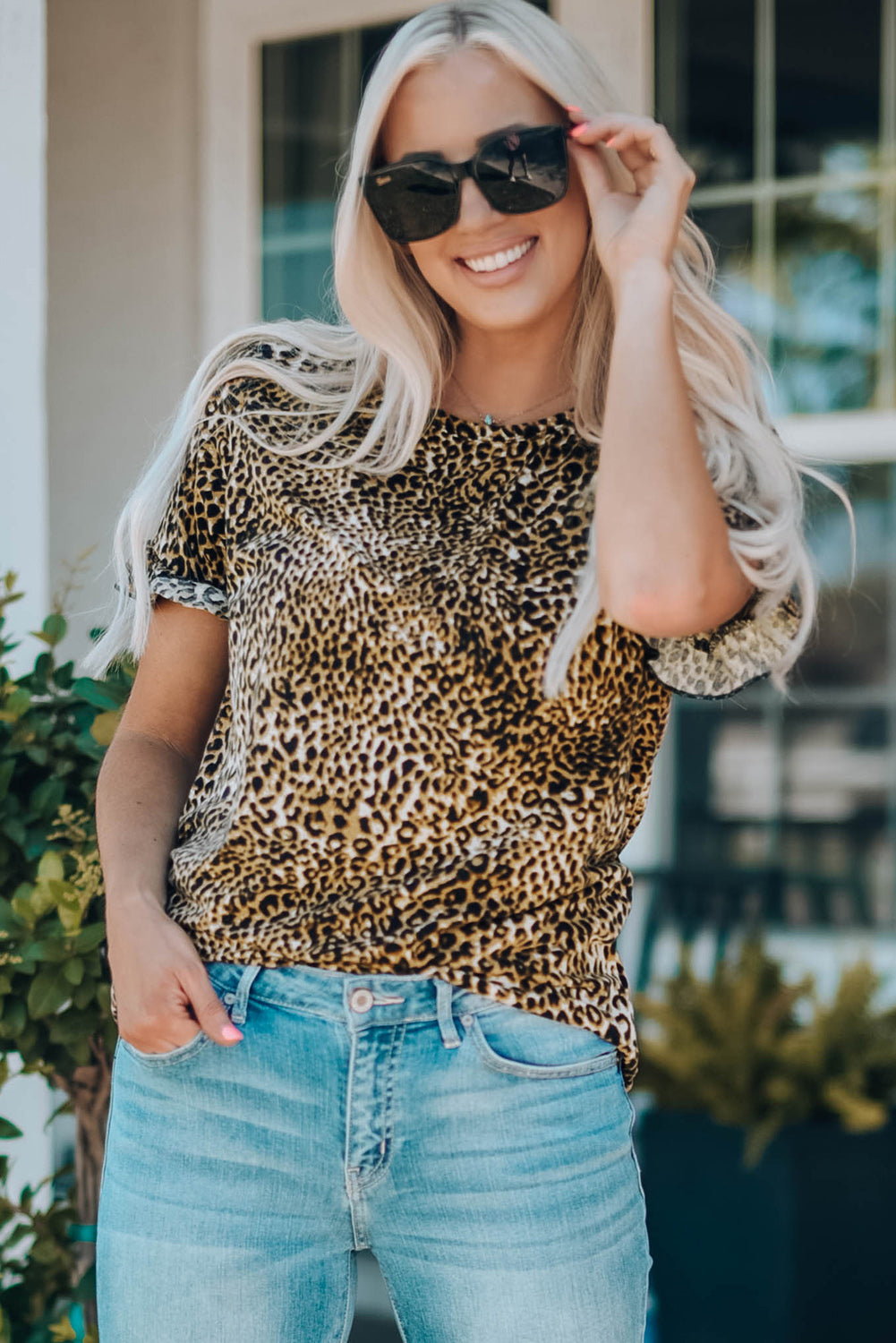 Women Leopard Short Flounce Sleeve Tee-UHX-Urbanheer