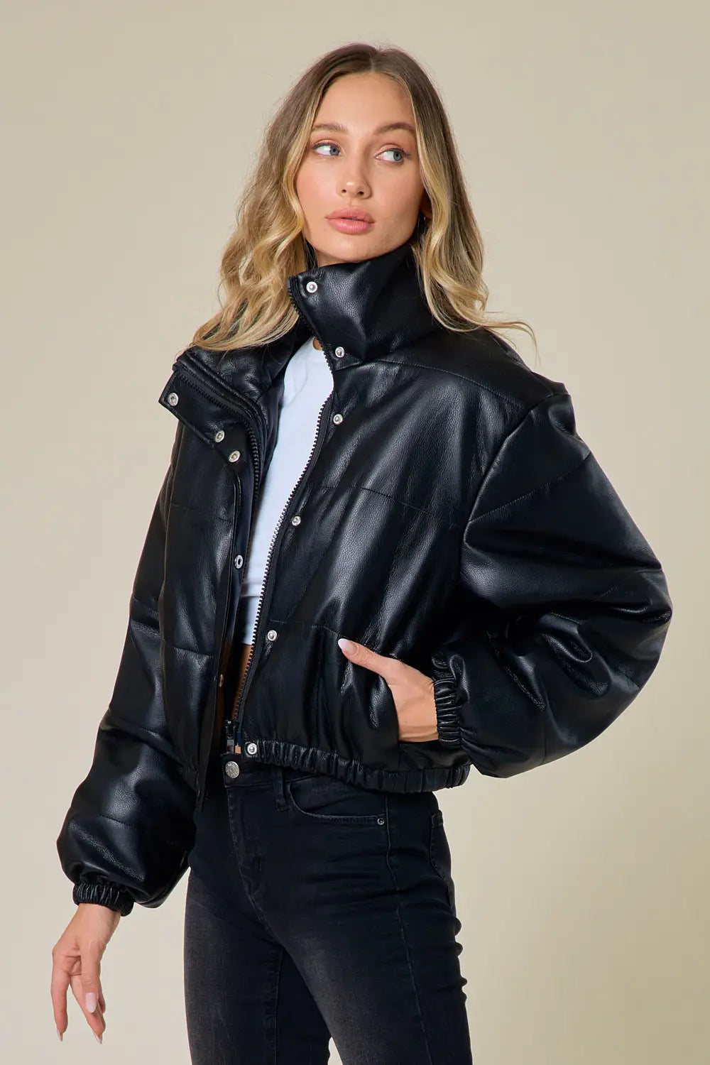 Black Leather Puffer Jacket-Saints & Hearts-Urbanheer