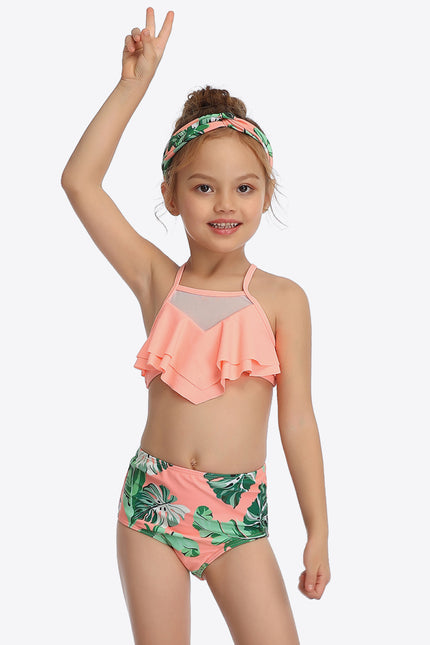 Botanical Print Ruffled Two-Piece Swim Set-UHX-Coral-4T-Urbanheer