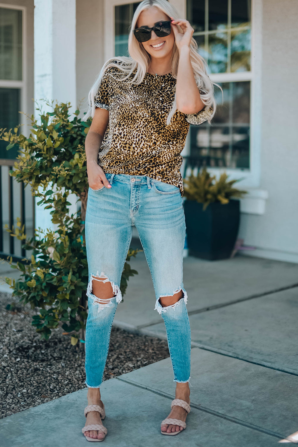 Women Leopard Short Flounce Sleeve Tee-UHX-Urbanheer