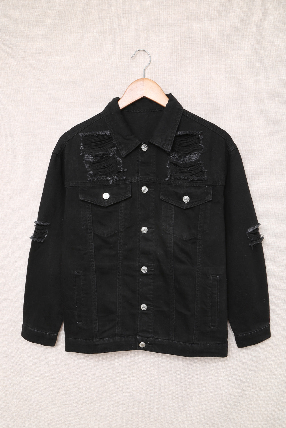 Distressed Button-Up Denim Jacket With Pockets-UHX-Urbanheer