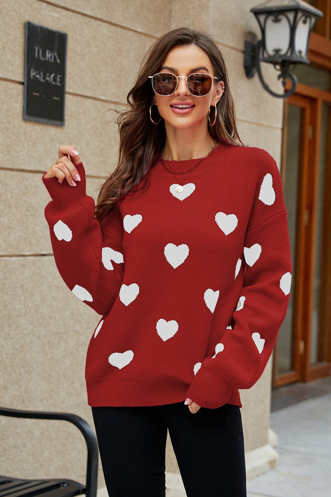 Heart Pattern Lantern Sleeve Round Neck Tunic Sweater-Collab-Red-S-Urbanheer