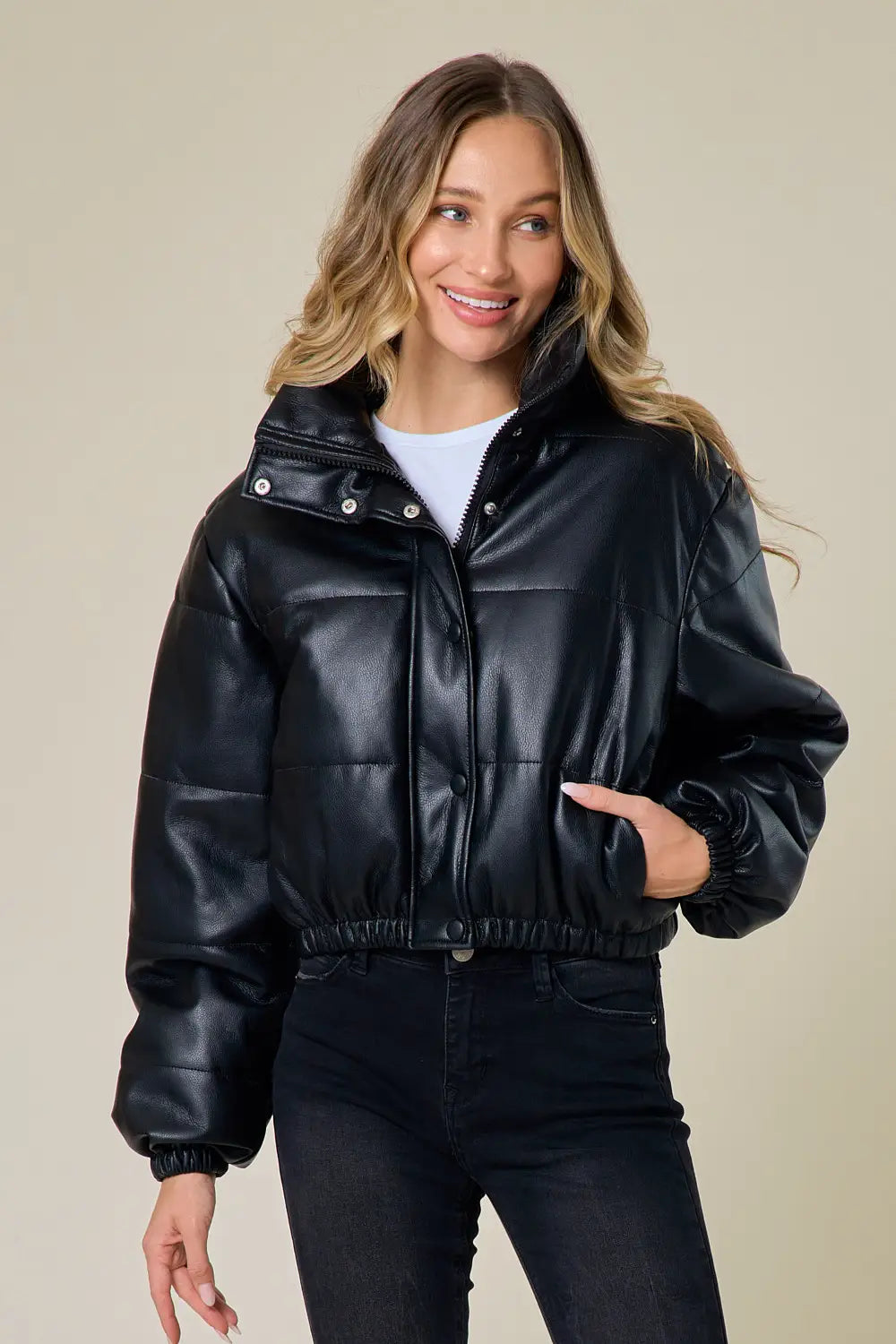 Black Leather Puffer Jacket-Saints & Hearts-Urbanheer