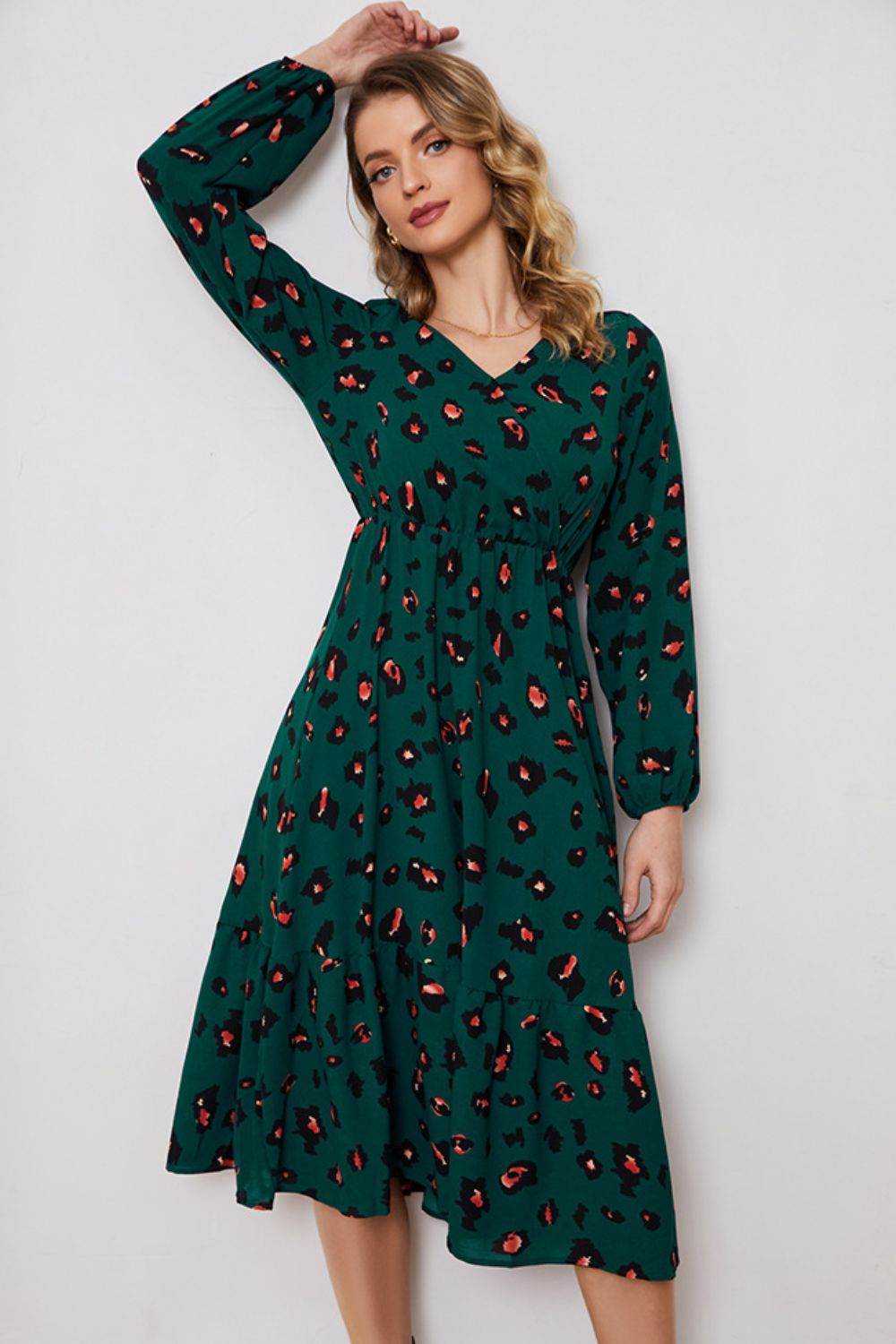 Printed Surplice Neck Long Sleeve Dress-UHX-Forest-S-Urbanheer