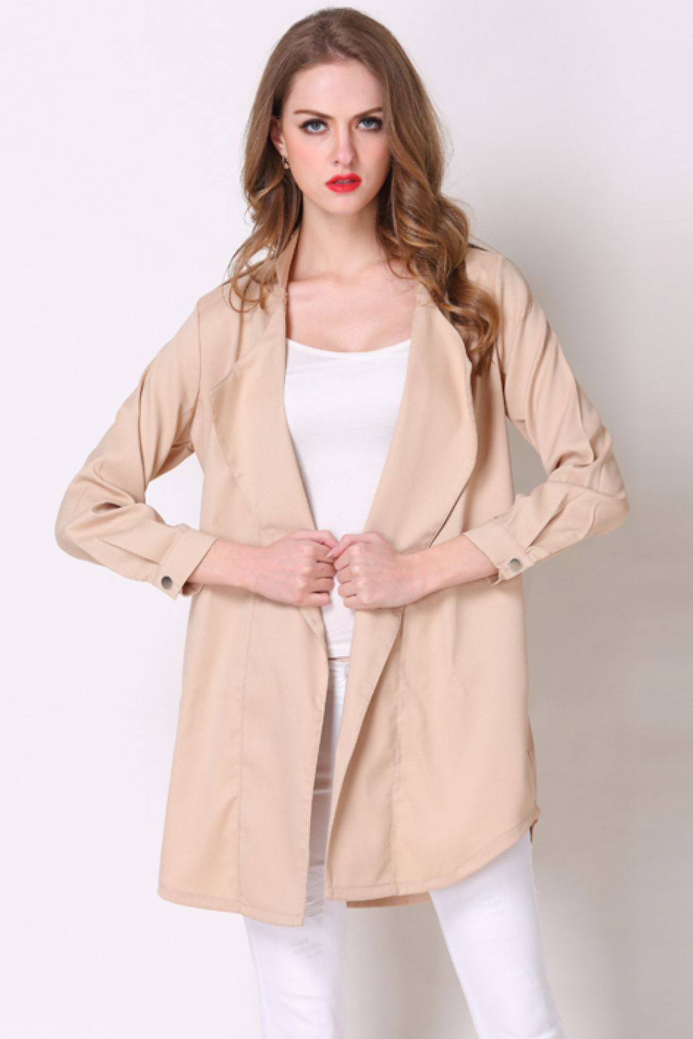 Full Size Open Front Longline Trench Coat-UHX-Sand-S-Urbanheer