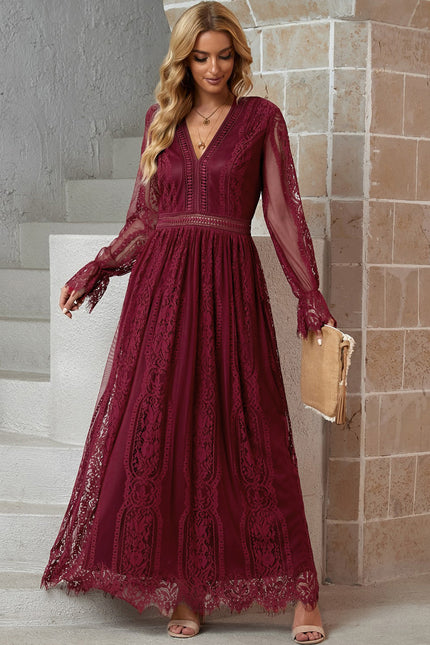 Scalloped Hem Flounce Sleeve Lace V-Neck Maxi Dress-Collab-Wine-S-Urbanheer