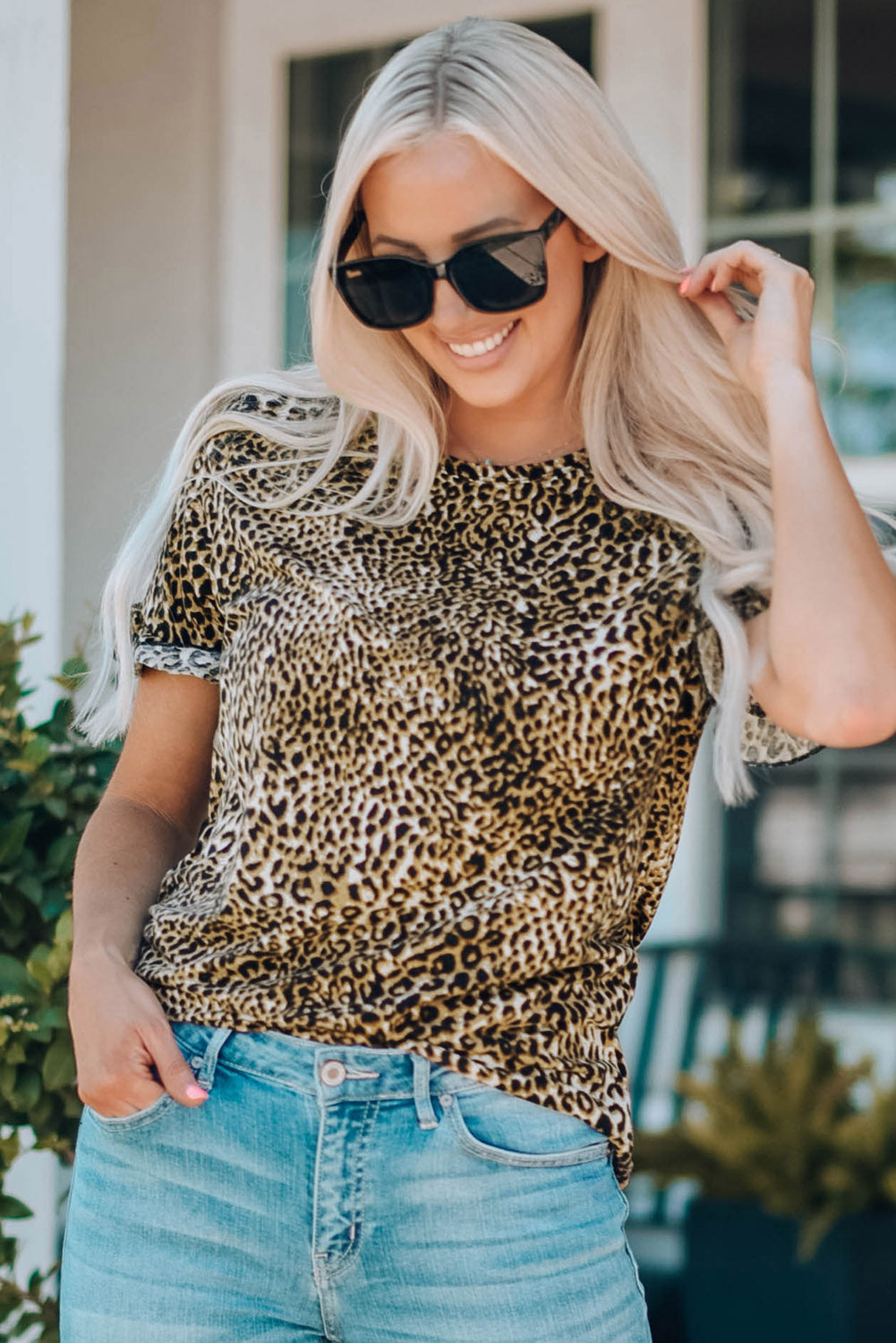 Women Leopard Short Flounce Sleeve Tee-UHX-Urbanheer