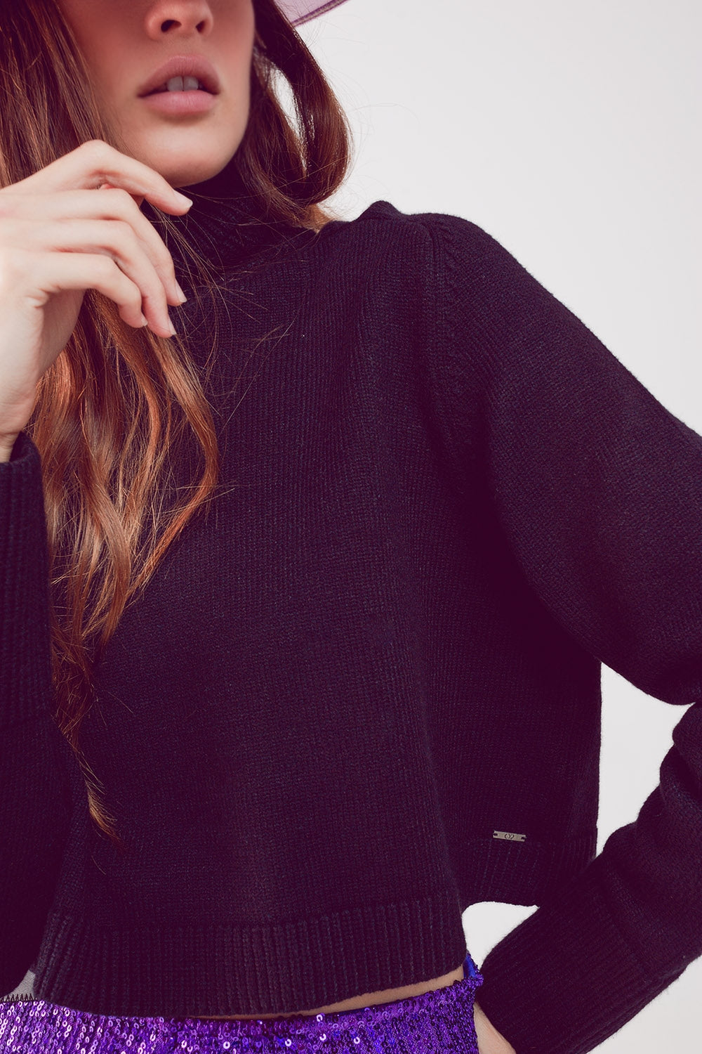 High Neck Cropped Jumper In Black-Q2-Urbanheer