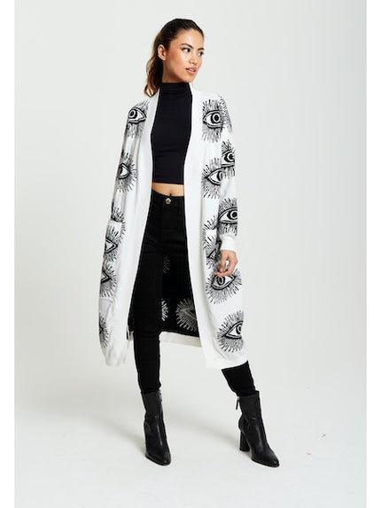 Liquorish Eye Pattern Longline Cardigan In White-Liquorish-Urbanheer