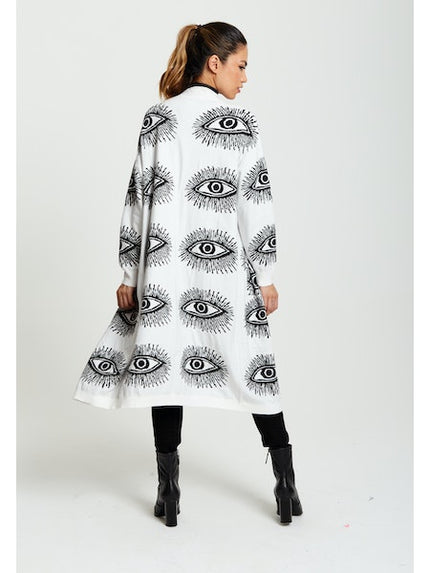 Liquorish Eye Pattern Longline Cardigan In White-Liquorish-Urbanheer