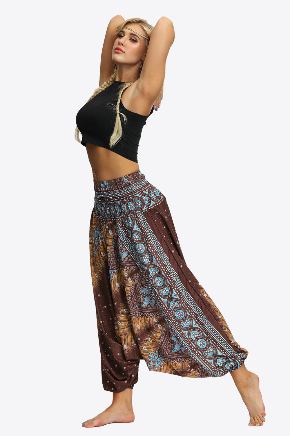 Printed Smocked Waist Harem Pants-UHX-Urbanheer