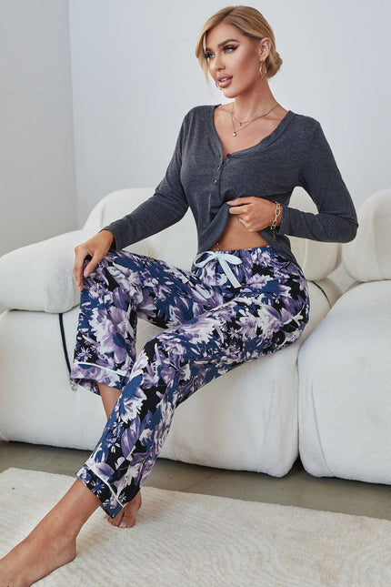 V-Neck Henley Top And Floral Pants Lounge Set-Collab-Floral-S-Urbanheer